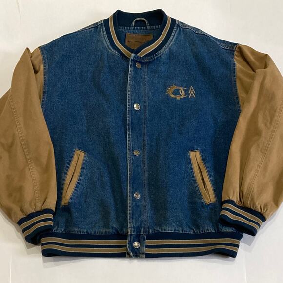 Vintage 90s Port Authority Denim Canvas Bomber Varsity Jacket Men's XL - Picture 1 of 11